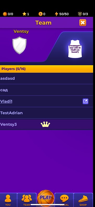 Team roster screen